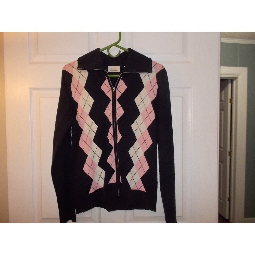 EP Pro Womens Black Pink Argyle Full Zip Cardigan Sweater Spread Collar Medium